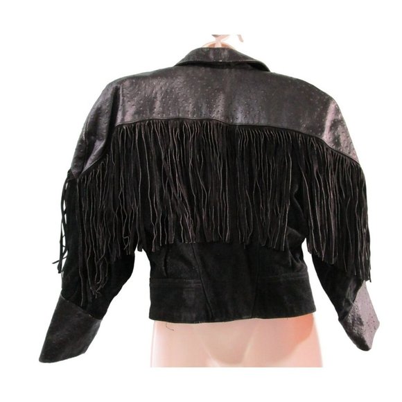 Suede Fringed Ostrich Print Leather Vintage Ladies M Jacket Broad Shoulder GUC - Picture 2 of 16